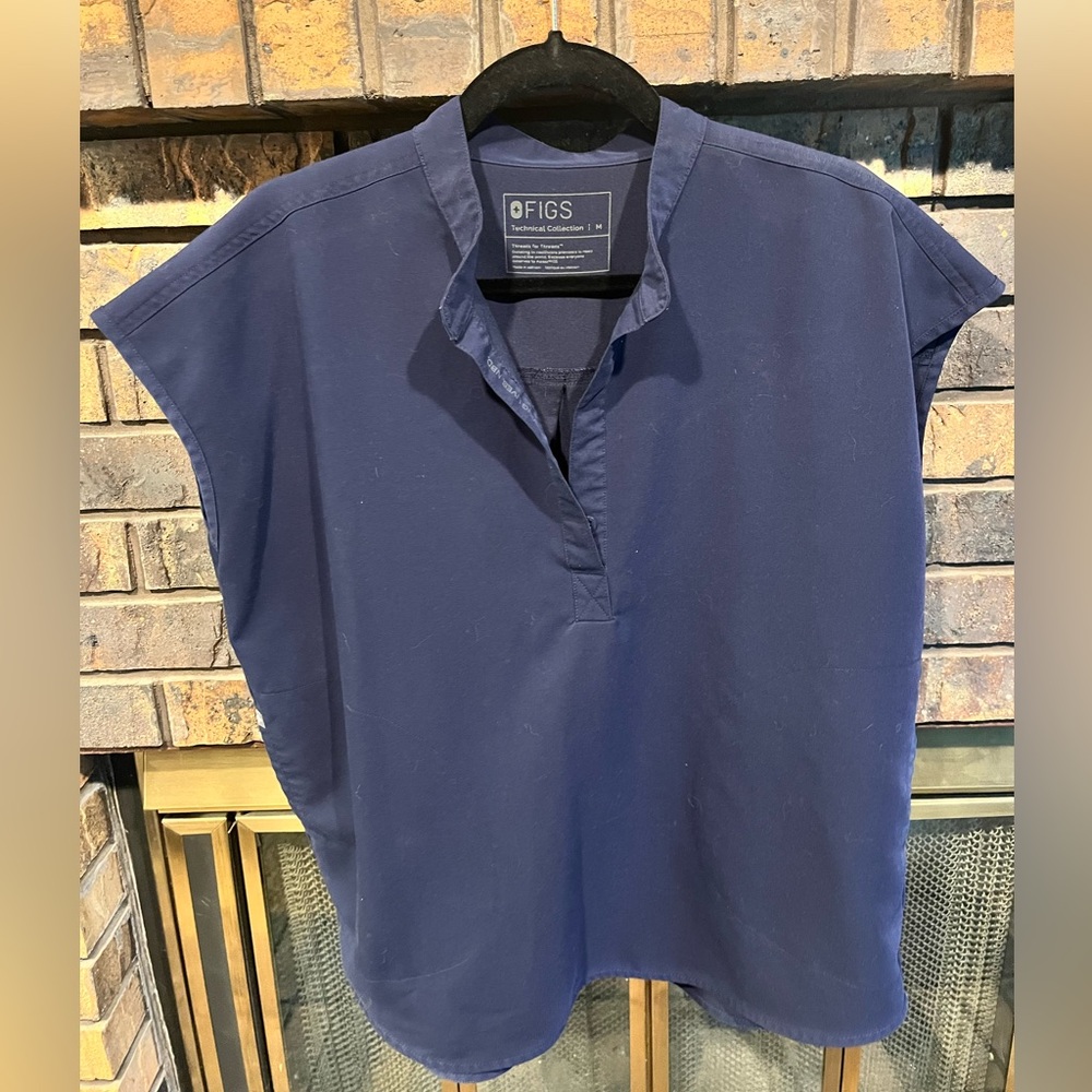 Figs Blue Boxy Cap Sleeve Blouse with Mandarin Collar